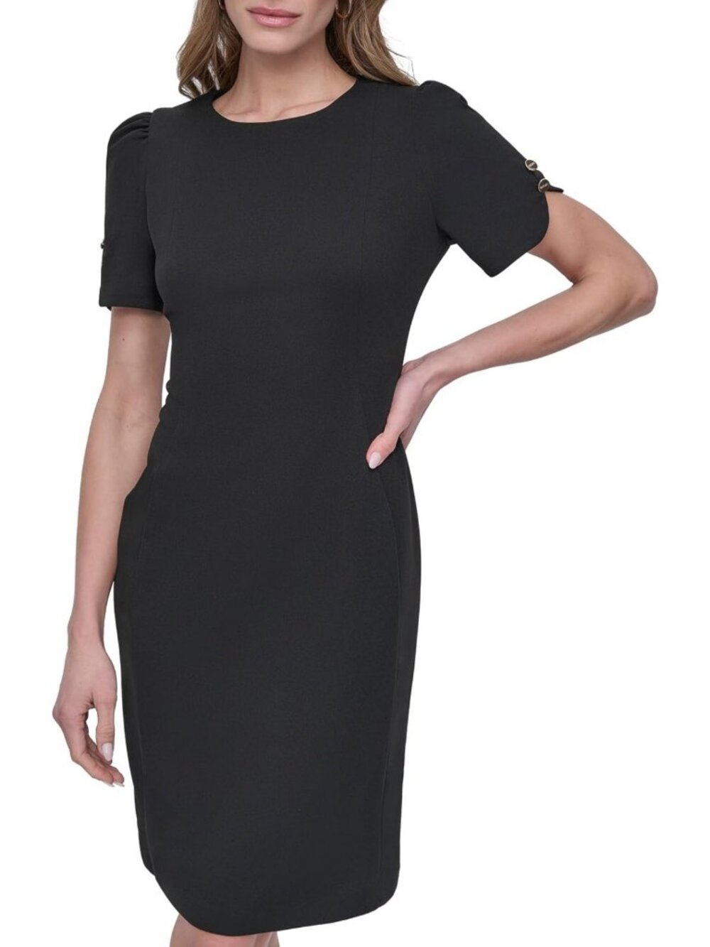 Chic Short Tulip Sleeve Sheath Dress with Button Detail - Perfect for Any